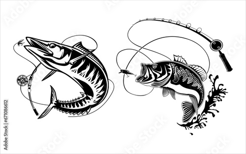 black and white fishing club logo vector