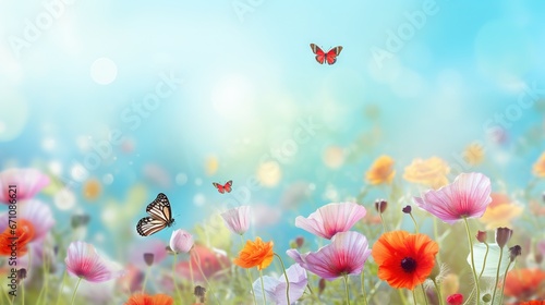  a field full of flowers with a butterfly flying over them.  generative ai © Shanti