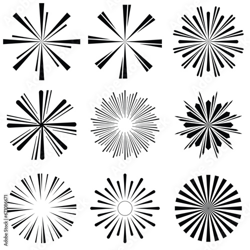 Set of sunburst element radial stripes background. Sun burst icon collection. Retro sunburst design. Sunburst element. Vector illustration.