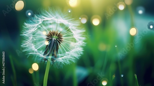  a dandelion in a field of grass with the sun shining. generative ai