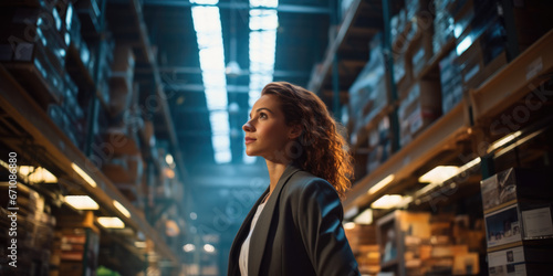 Female manager in modern distribution centre, surrounded by AI graphics