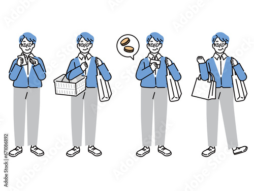 買い物をする人のイラスト(男性、サラリーマン、父親、50歳、お金、決済、キャッシュレス、ポイントを貯める)