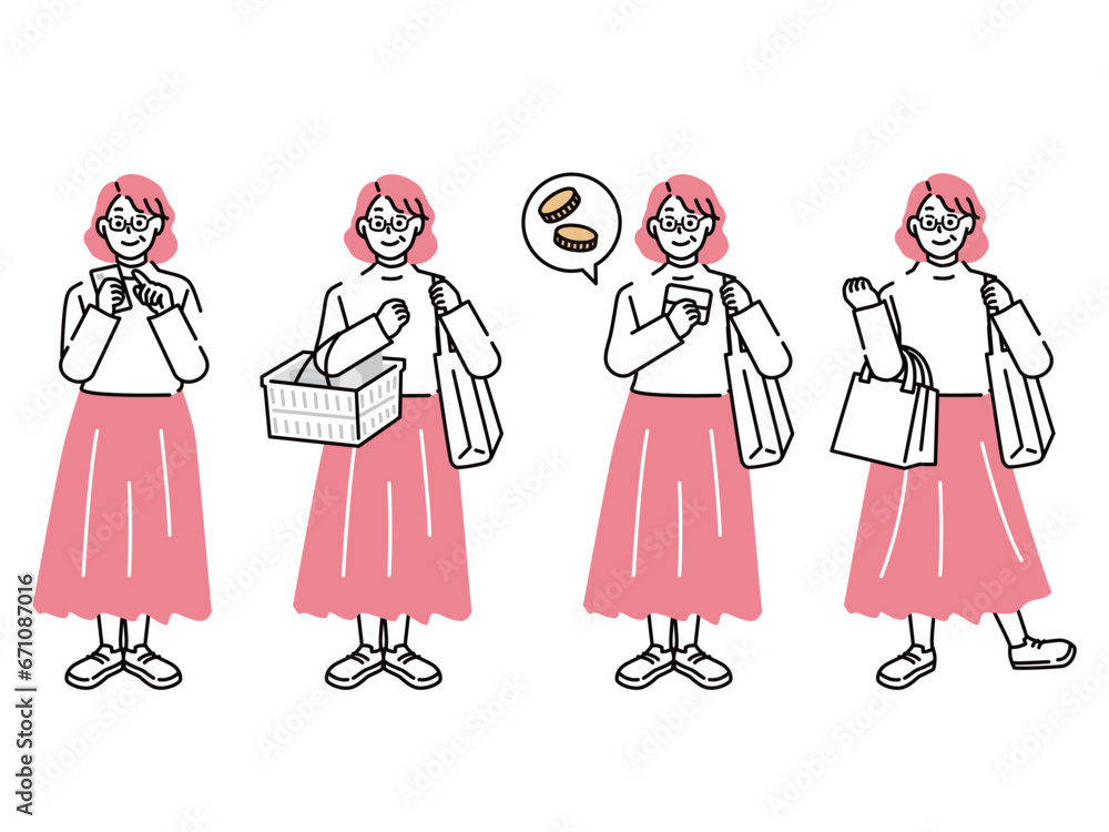 買い物をする人のイラスト(女性、主婦、母親、50代、お金、決済、キャッシュレス、ポイントを貯める)