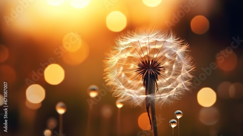 a dandelion with drops of water on it in front of a blurry background. generative ai