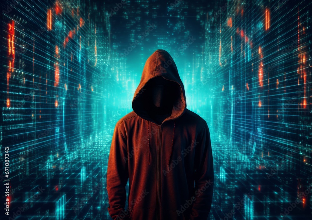 Portrait of incognito hacker using computer for organizing massive data breach attack on corporate servers. Anonymous hacker shrouded in hoodie, seating before a prominent monitor. Portrait of incognito hacker using computer for organizing massive data breach attack on corporate servers. Anonymous hacker shrouded in hoodie, seating before a prominent monitor.