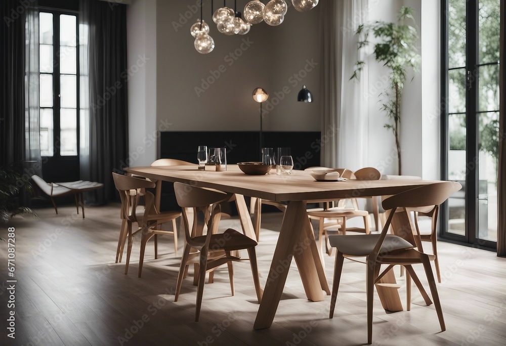 Minimalist interior design of modern dining room with wooden table and chairs