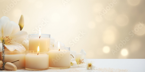 Christmas candles on the table  pastel background with free space for text.