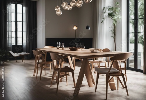 Minimalist interior design of modern dining room with wooden table and chairs