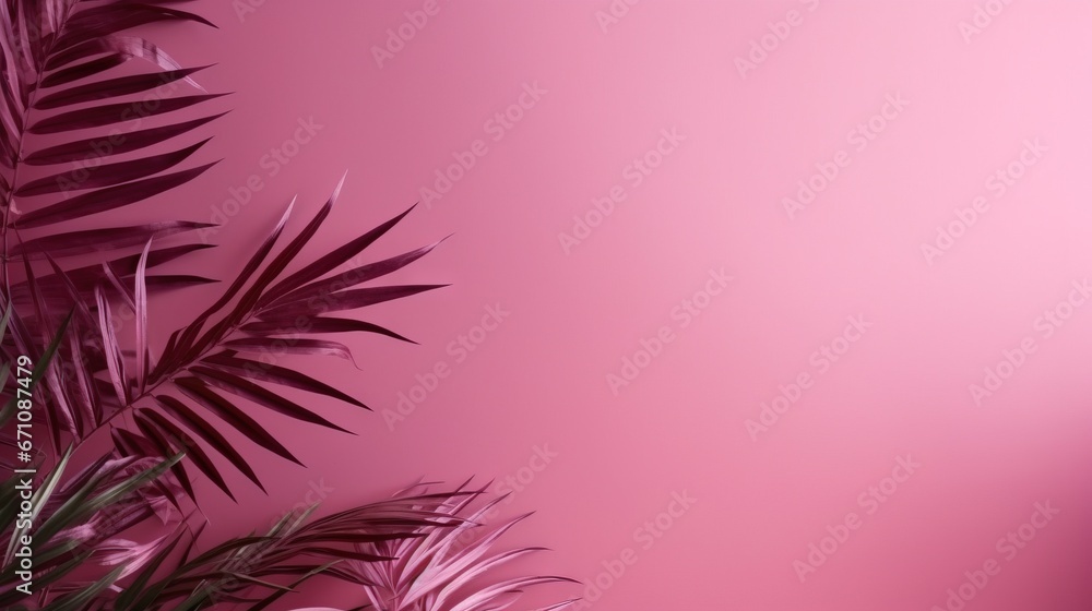 a pink background with palm leaves on the left side of the image. generative ai a pink background with palm leaves on the left side of the image. generative ai
