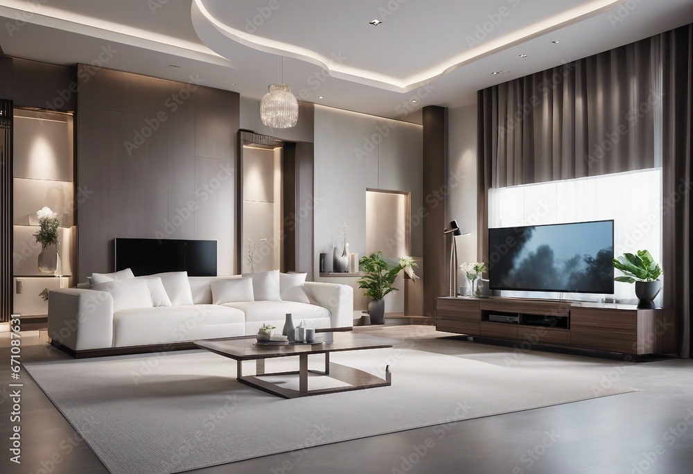 White sofa and tv unit in spacious room Luxury home interior design of modern living room panorama