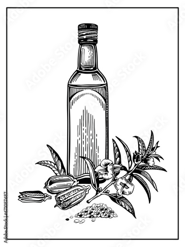 Composition with a bottle of sesame oil and a sprig with leaves and flower, sesame seeds