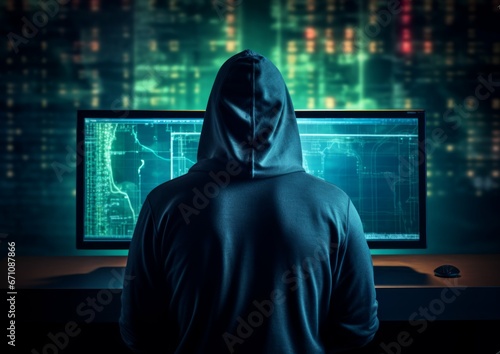 Portrait of incognito hacker using computer for organizing massive data breach attack on corporate servers. Anonymous hacker shrouded in hoodie, seating before a prominent monitor.