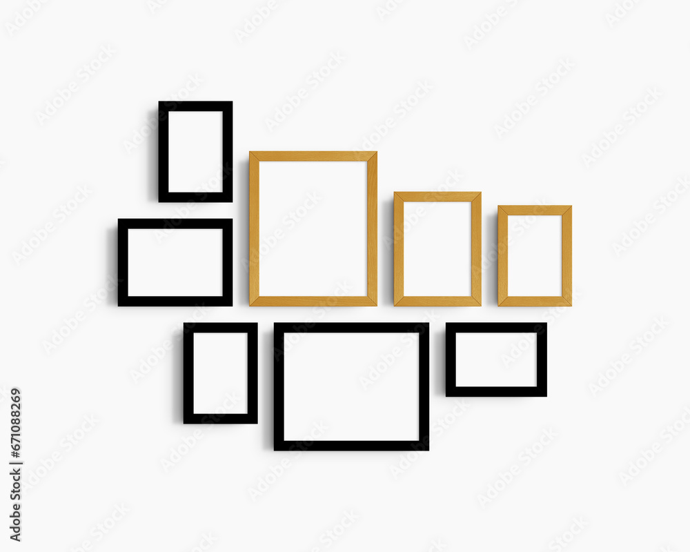 Gallery wall mockup set, 8 black and yellow oak wood frames. Modern frame mockup. Horizontal, vertical frames, 4x6 (2:3), 6x4 (3:2), 5x7 (5:7), 7x5 (7:5), 8x10 (4:5), 10x8 (5:4) inches. White wall. Gallery wall mockup set, 8 black and yellow oak wood frames. Modern frame mockup. Horizontal, vertical frames, 4x6 (2:3), 6x4 (3:2), 5x7 (5:7), 7x5 (7:5), 8x10 (4:5), 10x8 (5:4) inches. White wall.