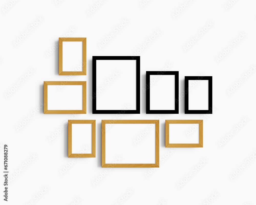 Gallery wall mockup set, 8 black and yellow oak wood frames. Modern frame mockup. Horizontal, vertical frames, 4x6 (2:3), 6x4 (3:2), 5x7 (5:7), 7x5 (7:5), 8x10 (4:5), 10x8 (5:4) inches. White wall. Gallery wall mockup set, 8 black and yellow oak wood frames. Modern frame mockup. Horizontal, vertical frames, 4x6 (2:3), 6x4 (3:2), 5x7 (5:7), 7x5 (7:5), 8x10 (4:5), 10x8 (5:4) inches. White wall.