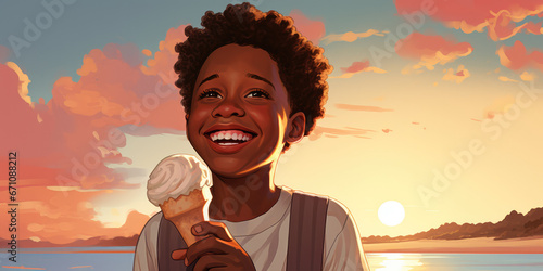Illustration of young boy at beach, enjoying his ice cream  © David