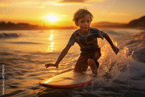 Young Boy practising surfing at sunset.