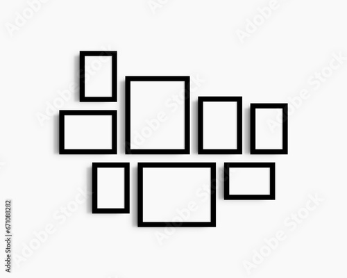 Gallery wall mockup set, 8 black frames. Modern frame mockup. Horizontal, vertical frames, 4x6 (2:3), 6x4 (3:2), 5x7 (5:7), 7x5 (7:5), 8x10 (4:5), 10x8 (5:4) inches. White wall.