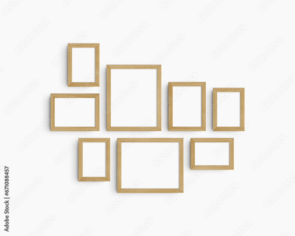 Gallery wall mockup set, 8 timber oak wood frames. Modern frame mockup. Horizontal, vertical frames, 4x6 (2:3), 6x4 (3:2), 5x7 (5:7), 7x5 (7:5), 8x10 (4:5), 10x8 (5:4) inches. White wall. Gallery wall mockup set, 8 timber oak wood frames. Modern frame mockup. Horizontal, vertical frames, 4x6 (2:3), 6x4 (3:2), 5x7 (5:7), 7x5 (7:5), 8x10 (4:5), 10x8 (5:4) inches. White wall.