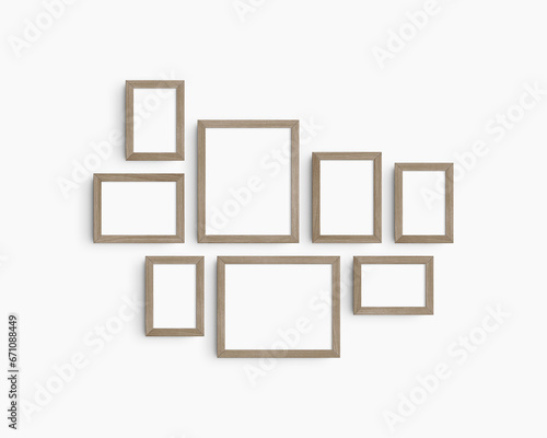 Fototapeta Naklejka Na Ścianę i Meble -  Gallery wall mockup set, 8 natural wood frames. Modern frame mockup. Horizontal, vertical frames, 4x6 (2:3), 6x4 (3:2), 5x7 (5:7), 7x5 (7:5), 8x10 (4:5), 10x8 (5:4) inches. White wall.