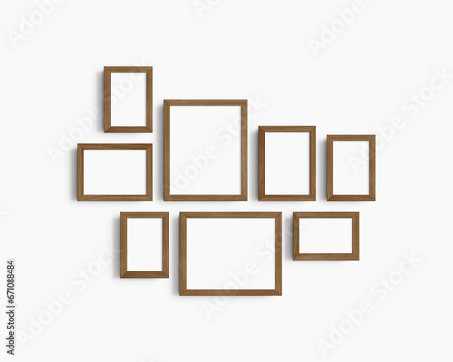 Gallery wall mockup set, 8 brown walnut wood frames. Modern frame mockup. Horizontal, vertical frames, 4x6 (2:3), 6x4 (3:2), 5x7 (5:7), 7x5 (7:5), 8x10 (4:5), 10x8 (5:4) inches. White wall. photo