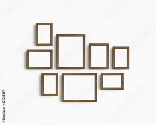 Fototapeta Naklejka Na Ścianę i Meble -  Gallery wall mockup, 8 brown walnut wood frames. Modern frame mockup. Horizontal, vertical frames, 4x6 (2:3), 6x4 (3:2), 5x7 (5:7), 7x5 (7:5), 8x10 (4:5), 10x8 (5:4) inches. White wall.