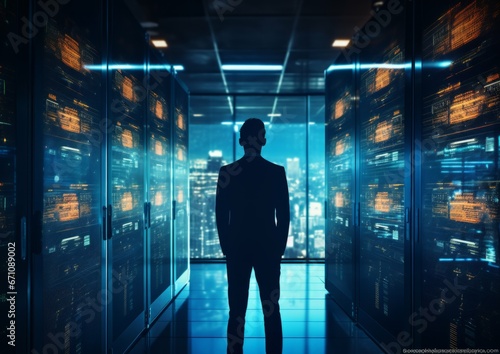 Engineer IT silhouette in big database server center in office. Ultra high speed data server transfer. Technology science background concept © Bold24