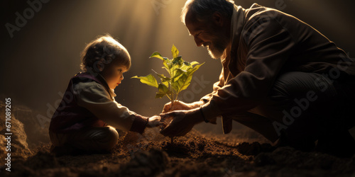 Grandad helping to plant a tree with his young grandson  photo