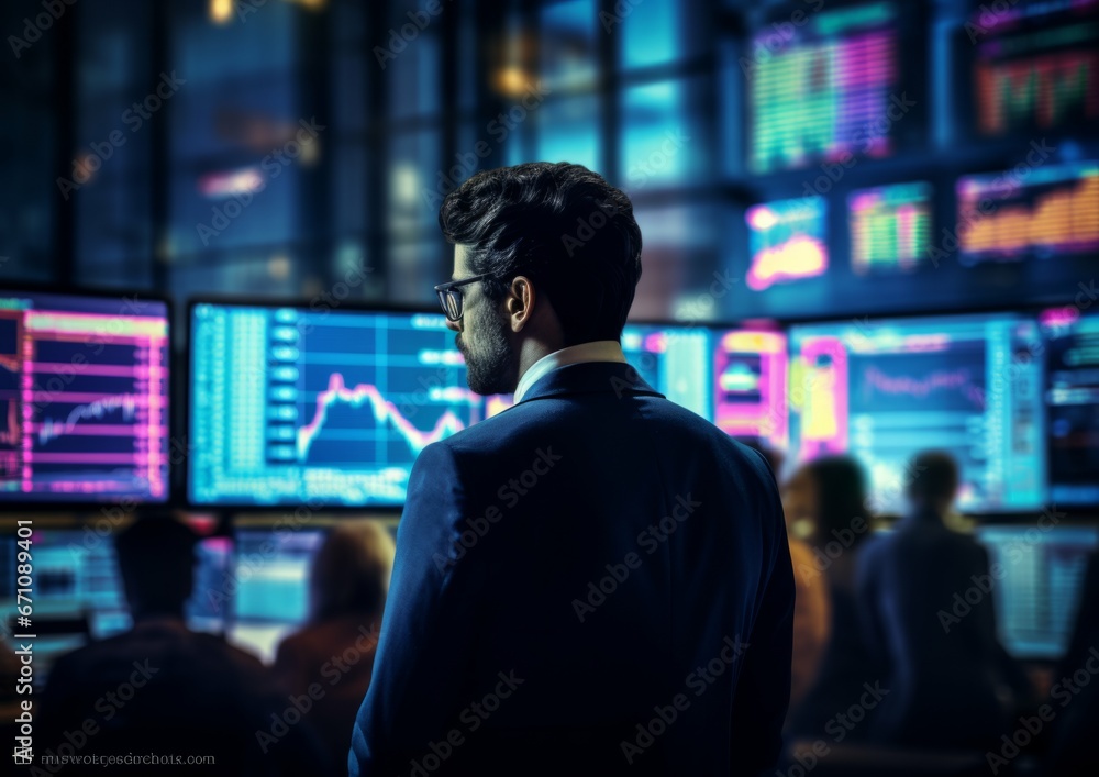 The trader on a stock exchange floor, using cyber tech and AI-powered algorithms and predictive analytics to make split-second investment decisions.