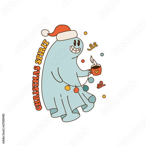 Groovy retro Christmas White sheet spook Character with vintage text Christmas spirit. Holiday Spirit spreading Festive Funk with garland and hot beverage. Contour flat vector hand drawn illustration.