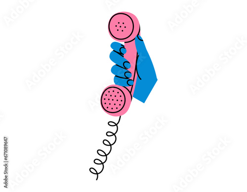 Hand drawn cute cartoon illustration of hand with retro telephone receiver. Flat vector old phone handset sticker in simple colored doodle style. Making a call icon or print. Isolated.