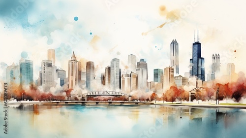  a watercolor painting of a city skyline with a bridge. generative ai