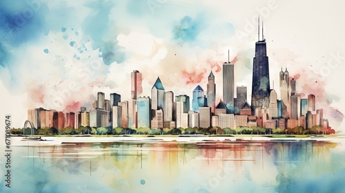  a watercolor painting of a city skyline on a lake. generative ai