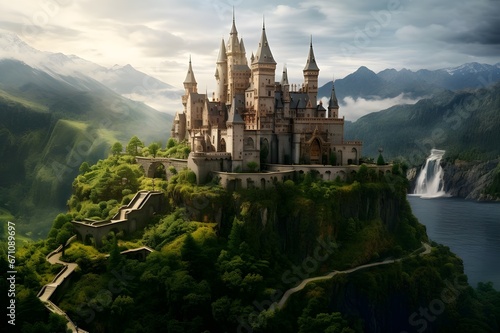A historic castle perched atop a lush  green hill  straight from a fairy tale.