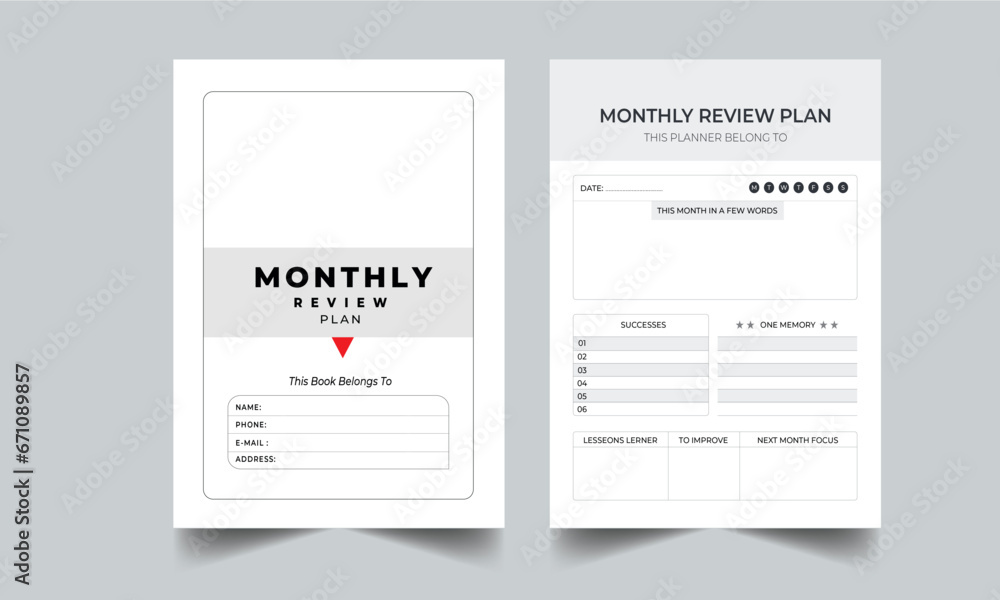 Monthly Review Planner with cover design template, Monthly overview trackers, Undated Monthly Overview, Month on one page Template