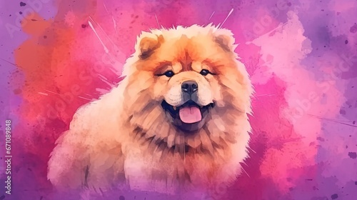  a painting of a chow chow dog on a purple and pink background.  generative ai photo
