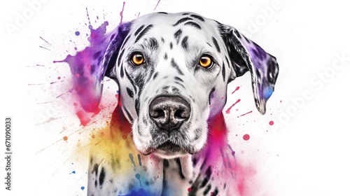  a dalmatian dog with yellow eyes and a colorful background. generative ai