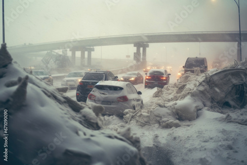 Snow storm on the highway, traffic jam on bad weather conditions