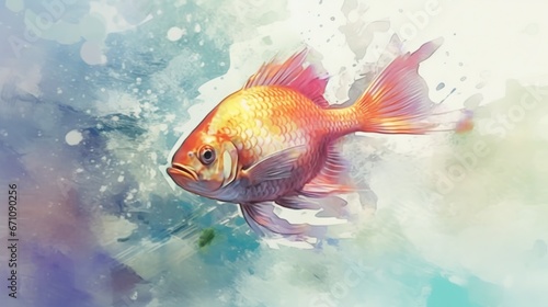  a goldfish is swimming in a blue and green water.  generative ai © Shanti