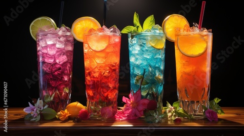  a group of three tall glasses filled with different colored drinks. generative ai