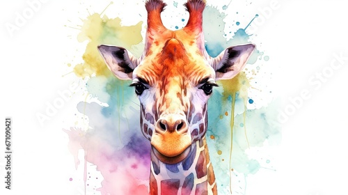  a giraffe with a watercolor background is looking at the camera.  generative ai