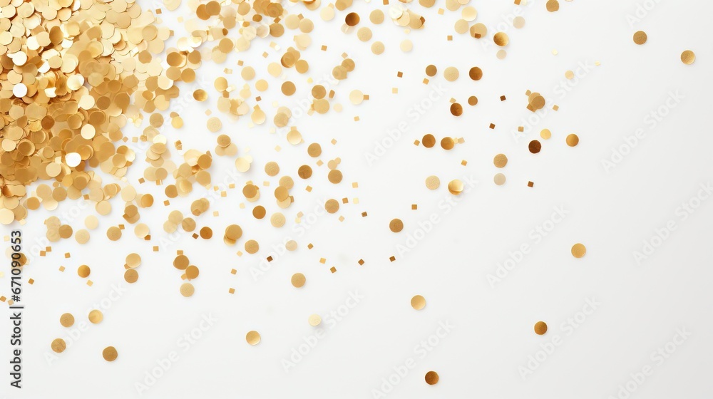  a bunch of gold confetti on a white background.  generative ai