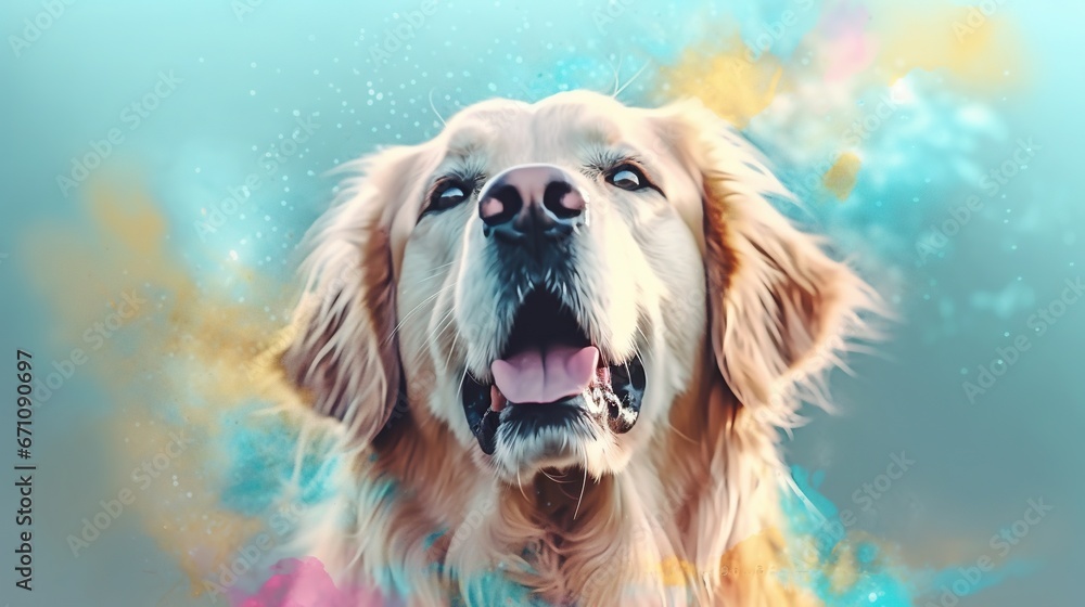  a painting of a golden retriever dog with his mouth open.  generative ai