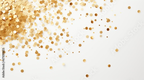  a bunch of gold confetti on a white background.  generative ai