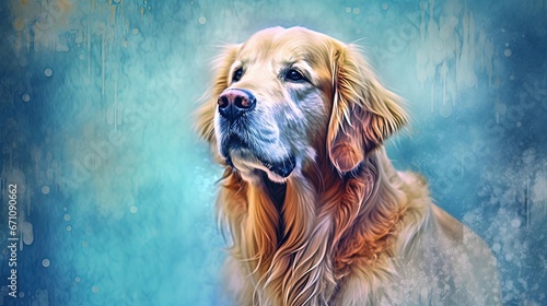  a painting of a golden retriever dog with a blue background. generative ai