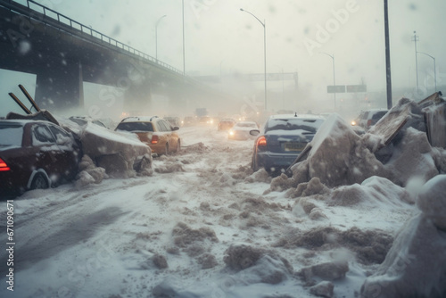 Snow storm on the highway, traffic jam on bad weather conditions