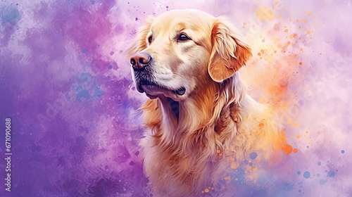  a painting of a golden retriever on a purple background. generative ai