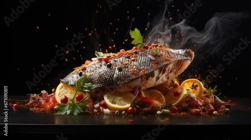  a piece of fish with spices and lemons on a black surface. generative ai