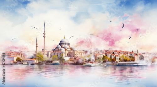  a painting of a city on a lake with birds flying over it. generative ai