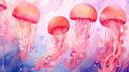  a group of jellyfish floating in the water with pink and blue colors. generative ai