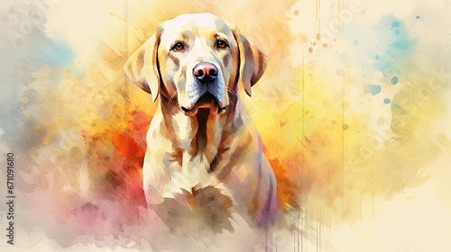  a painting of a yellow labrador retriever dog with a colorful background. generative ai